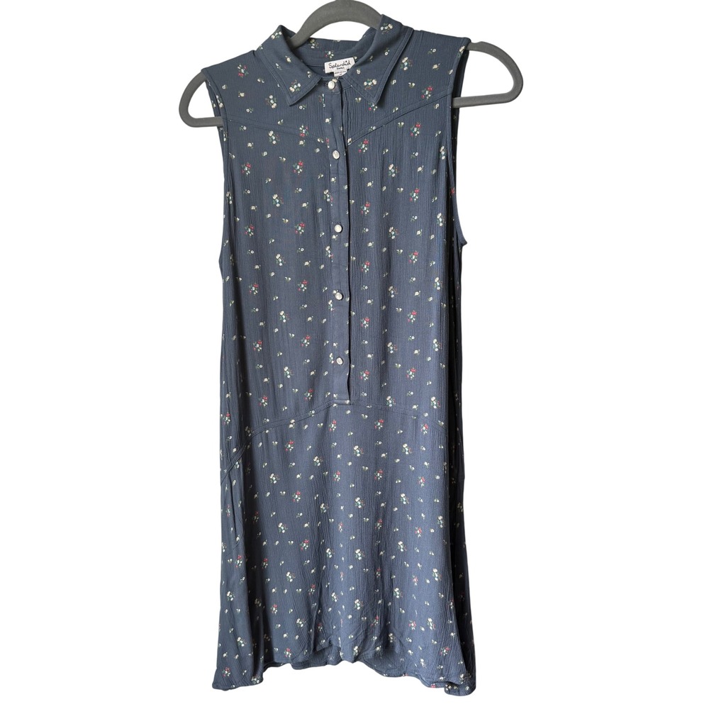Splendid Micro Floral‎ Dress Blue Sleeveless Collar Buttons Rayon Linen SZ SMALL